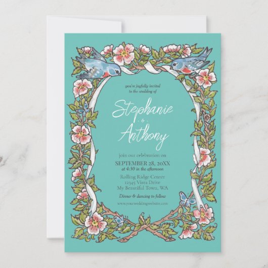 ティール(緑がかった色)野草鳥フローラ縁どボホ結婚ス 招待状 (正面)