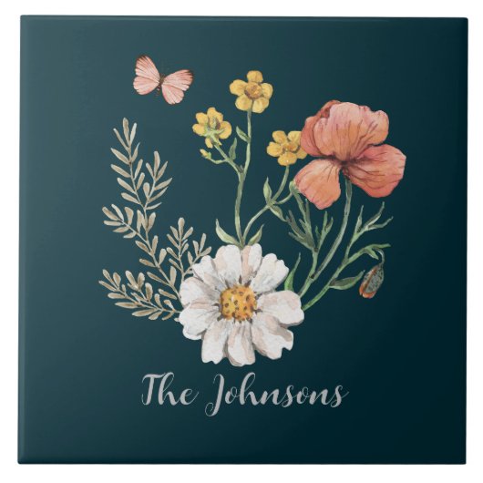 ティール（緑がかった色）野草 タイル (正面)