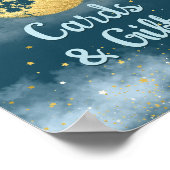 ティール(緑がかった色)金ゴールドの月と星の赤ちゃんシャワーのサイン ポスター (角)