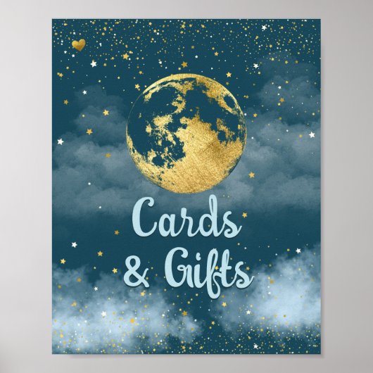 ティール(緑がかった色)金ゴールドの月と星の赤ちゃんシャワーのサイン ポスター (正面)