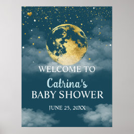 ティール（緑がかった色）金ゴールドの月の赤ちゃんシャワー歓迎サイン ポスター