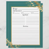 ティール（緑がかった色）金ゴールドの葉植物性レシピバインダーページ (正面/裏面)