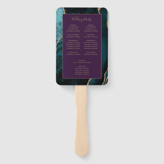 ティール(緑がかった色)金ゴールドアガテパープル結婚式 プログラム ハンドファン (裏面)