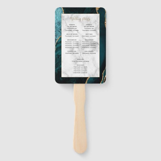 ティール（緑がかった色）金ゴールドアガートマーブル結婚式 プログラム ハンドファン (裏面)