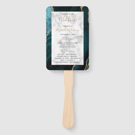 ティール(緑がかった色)金ゴールドアガートマーブル結婚式 プログラム ハンドファン (正面)