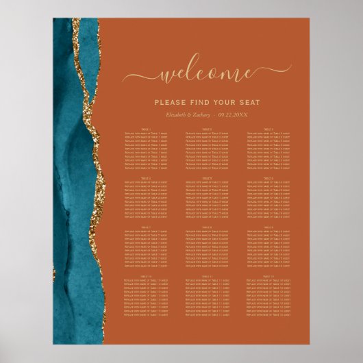 ティール（緑がかった色）金ゴールドアガート12テーブル結婚の座席 ポスター (正面)