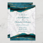 ティール（緑がかった色）金ゴールドアゲイトとマーブル結婚ズ 招待状 (正面/裏面)