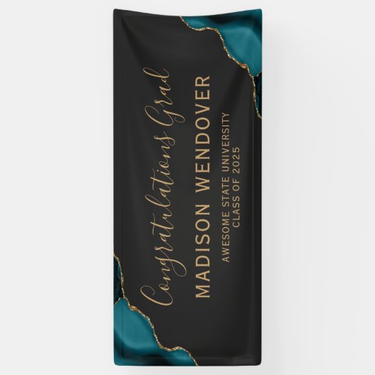ティール（緑がかった色）金ゴールドアゲートダークおめでとう卒業 横断幕 (縦)