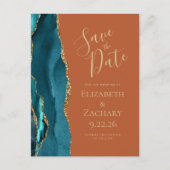 ティール（緑がかった色）金ゴールドアゲート焼けオレンジの結婚式の日付を保存 案内ポストカード (正面)