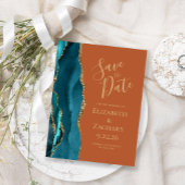 ティール（緑がかった色）金ゴールドアゲート焼けオレンジの結婚式の日付を保存 案内ポストカード