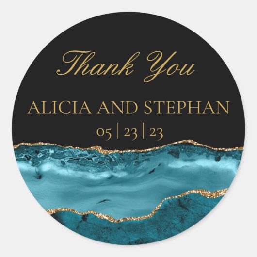 ティール（緑がかった色）金ゴールドアゲート結婚式の引き出物サンキューユー ラウンドシール (正面)