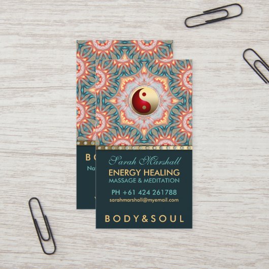 ティール(緑がかった色)金ゴールドエネルギー修復ホリスティック名刺 名刺 (正面/裏面インサイチュ)