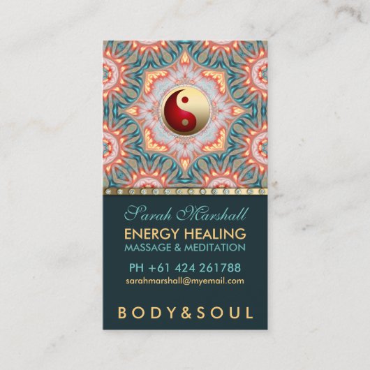 ティール（緑がかった色）金ゴールドエネルギー修復ホリスティック名刺 名刺 (正面)