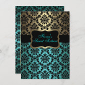 ティール（緑がかった色）&金ゴールドエレガントダマスク誕生日招待状 招待状 (正面/裏面)
