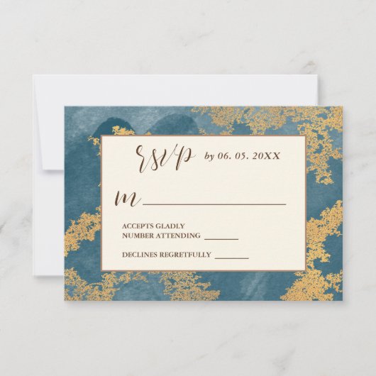 ティール(緑がかった色)金ゴールドエレガント抽象芸術水結婚色 出欠カード (正面)