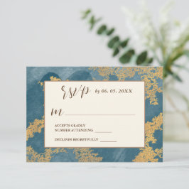 ティール（緑がかった色）金ゴールドエレガント抽象芸術水結婚色 出欠カード