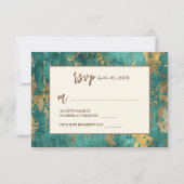 ティール（緑がかった色）金ゴールドエレガント抽象芸術水結婚色 出欠カード (正面)