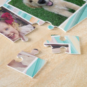 ティール(緑がかった色)金ゴールドオレンジストライプ色のファミリーフォトコラージュ ジグソーパズル (側面)