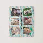 ティール(緑がかった色)金ゴールドオレンジストライプ色のファミリーフォトコラージュ ジグソーパズル (縦)