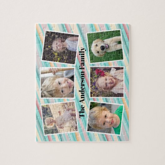 ティール（緑がかった色）金ゴールドオレンジストライプ色のファミリーフォトコラージュ ジグソーパズル (縦)
