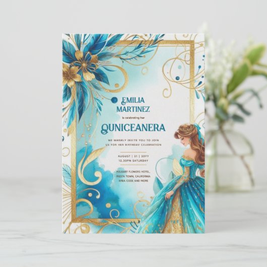 ティール(緑がかった色)金ゴールドキンセアニラドレス 招待状 (スタンド正面)