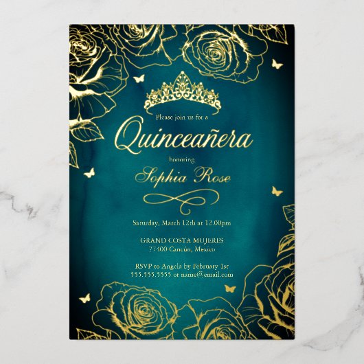 ティール（緑がかった色）金ゴールドクラウンバラテーマキンセアニェラ 箔招待状 (正面)