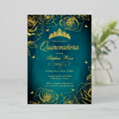 ティール（緑がかった色）金ゴールドクラウンバラテーマキンセアニェラ 箔招待状 (立ち正面)