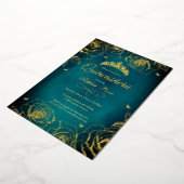 ティール（緑がかった色）金ゴールドクラウンバラテーマキンセアニェラ 箔招待状 (回転した状態)