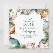 ティール(緑がかった色)&金ゴールドクリスマスツリーオーナメントパーティー セーブザデート (正面)