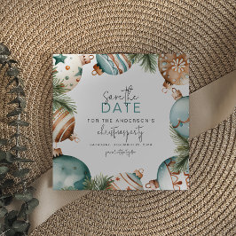 ティール(緑がかった色)&金ゴールドクリスマスツリーオーナメントパーティー セーブザデート