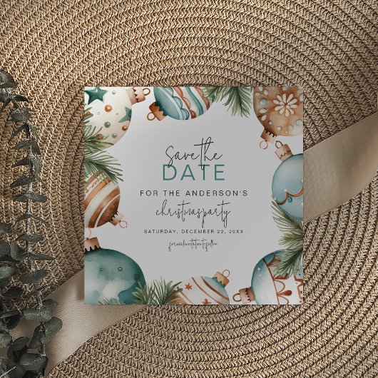 ティール(緑がかった色)&金ゴールドクリスマスツリーオーナメントパーティー セーブザデート