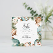 ティール（緑がかった色）&金ゴールドクリスマスツリーオーナメントパーティー 招待状 (スタンド正面)