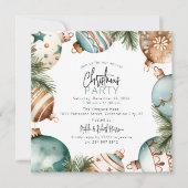 ティール（緑がかった色）&金ゴールドクリスマスツリーオーナメントパーティー 招待状 (正面)