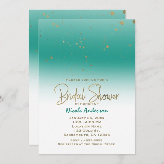ティール（緑がかった色）&金ゴールドグモダンラムブライダルシャワーエレガント 招待状 (正面/裏面)