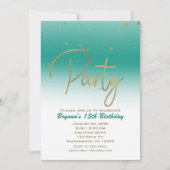 ティール(緑がかった色)&金ゴールドグモダンラム紙吹雪バースデーパーティー 招待状 (正面)