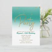ティール(緑がかった色)&金ゴールドグモダンラム紙吹雪バースデーパーティー 招待状 (スタンド正面)
