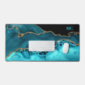 ティール（緑がかった色）&金ゴールドグリッターアゲート付きティール（緑がかった色）モノグラム デスクマット (キーボード&マウス)