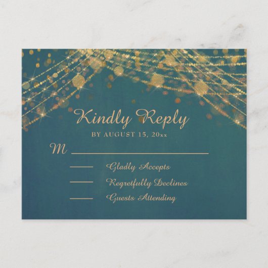 ティール(緑がかった色)金ゴールドグリッターストリングライツキンチェニェラRSVP ポストカード (正面)