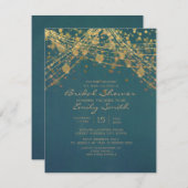 ティール(緑がかった色)金ゴールドグリッターストリングライトブライダルシャワー 招待状 (正面/裏面)