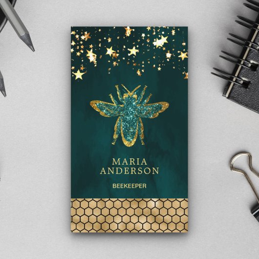 ティール(緑がかった色)金ゴールドグリッターハニービーキーパー 名刺