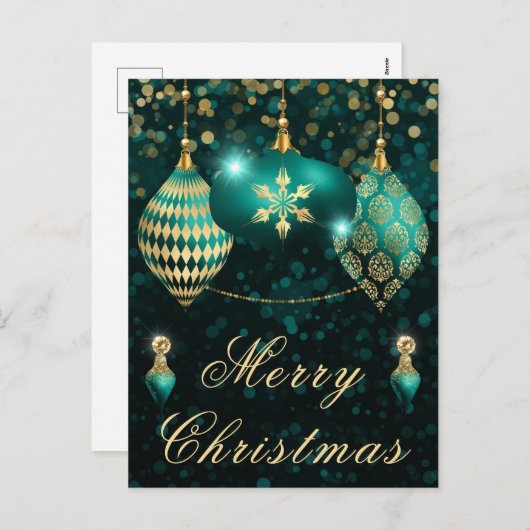ティール（緑がかった色）&金ゴールドグリッターボーブルクリスマス シーズンポストカード (正面/裏面)