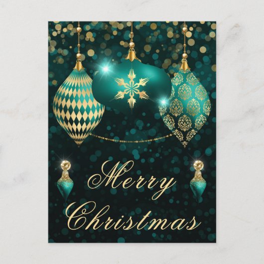 ティール(緑がかった色)&金ゴールドグリッターボーブルクリスマス シーズンポストカード (正面)