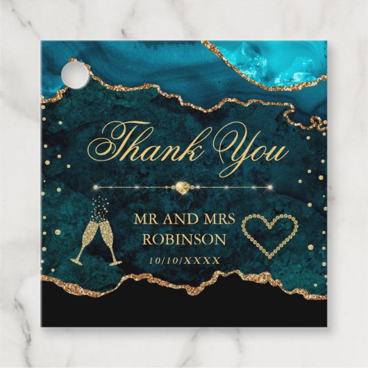 ティール（緑がかった色）&金ゴールドグリッターマーブルアゲテ結婚ス フェイバータグ (正面)