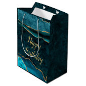 ティール（緑がかった色）&金ゴールドグリッターマーブルアゲートハッピーバースデー ミディアムペーパーバッグ (裏面アングル)
