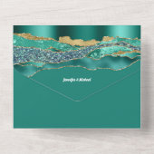 ティール(緑がかった色)金ゴールドグリッター大理石瑪瑙エレガントな結婚式 オールインワン招待状 (裏面)
