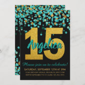 ティール（緑がかった色）金ゴールドグリッター紙吹雪キンセアニラ15誕生日 招待状 (正面/裏面)