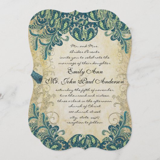 ティール(緑がかった色)金ゴールドグリーンブルーピーコック結婚式招待状 招待状 (正面/裏面)