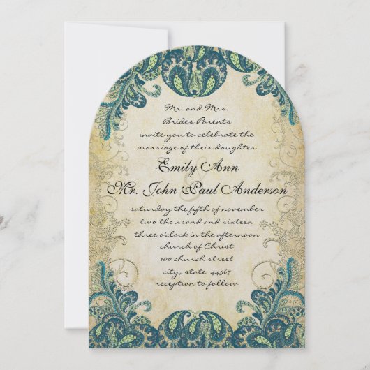 ティール(緑がかった色)金ゴールドグリーンブルーピーコック結婚式招待状 招待状 (正面)