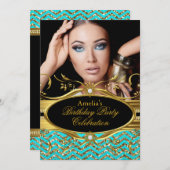 ティール(緑がかった色)&金ゴールドシェブロンダイヤモンドフォト誕生日 招待状 (正面/裏面)