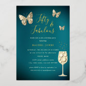 ティール（緑がかった色）金ゴールドシャンパーニュ50とファブラス誕生日 箔招待状 (正面)